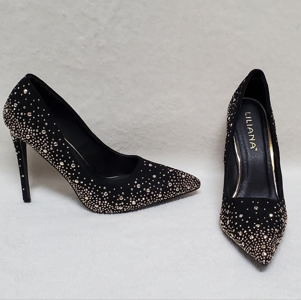 LILIANA Parish 2 Black Gold Studded Pointed Toe 5 Inch Heels Stiletto Pumps 8.5